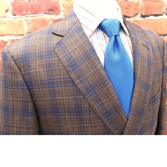 46 REG- PAL ZILERI WOOL/SILK/LINEN SPORT COAT BROWN & BLUE WINDOW PANE - Picture 1 of 7